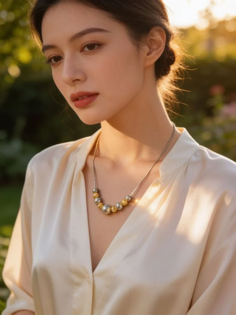 vintage gold and silver tone round metal bead piama style chain necklace